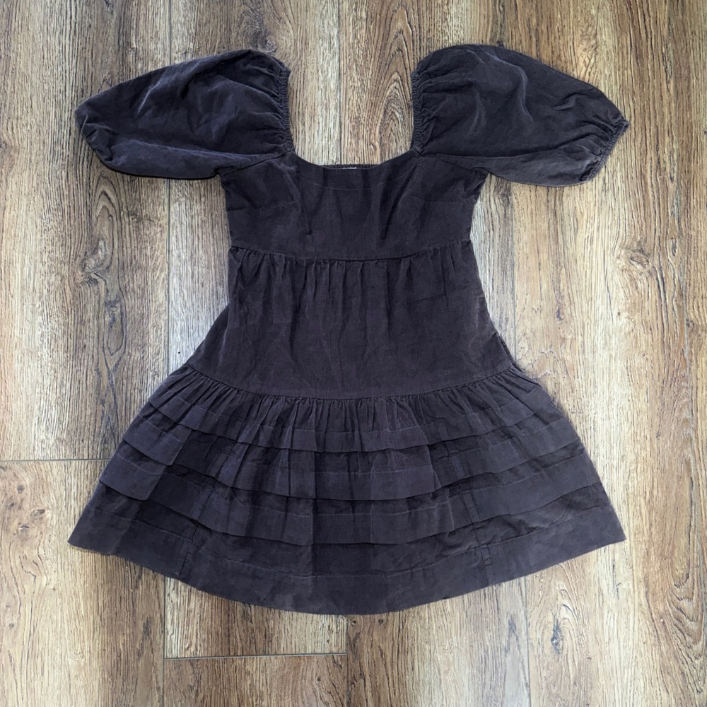 American‎ Eagle Brown Corduroy Mini Dress Puff Sleeve Tiered Ruffle XXS Western